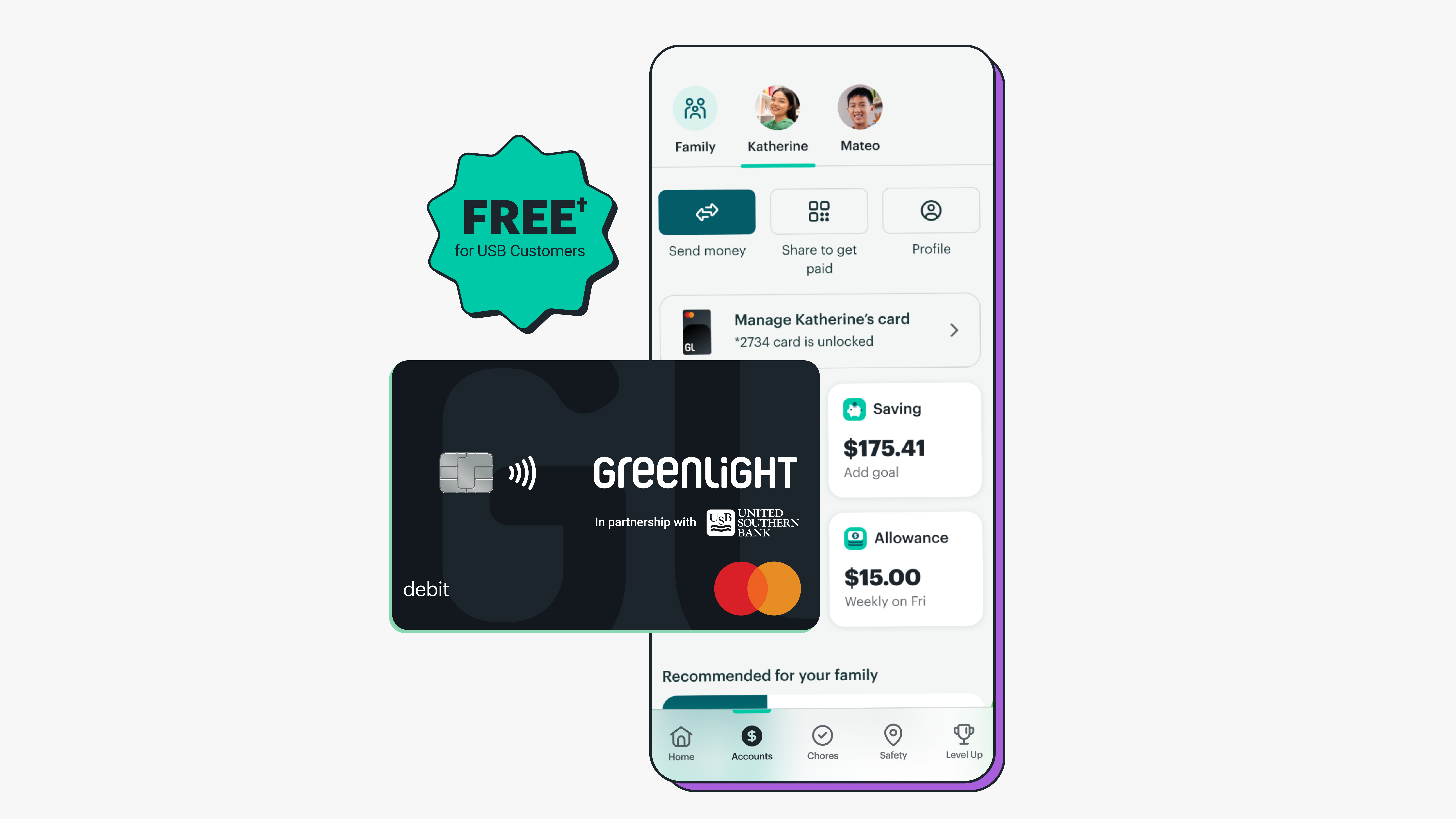 image of a custom branded Greenlight debit card on top of a smartphone displaying an image of the Greenlight App next to a green badge that says "free for USB customers"